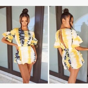 PRETTY LITTLE THING New Size 0 Yellow Tie Dye Frill Sleeve Tie Back‎ Playsuit